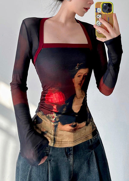 Chic Oil Painting Style Square Neck Slim Fit T Shirt Fall AL1068 Genistyle Shop