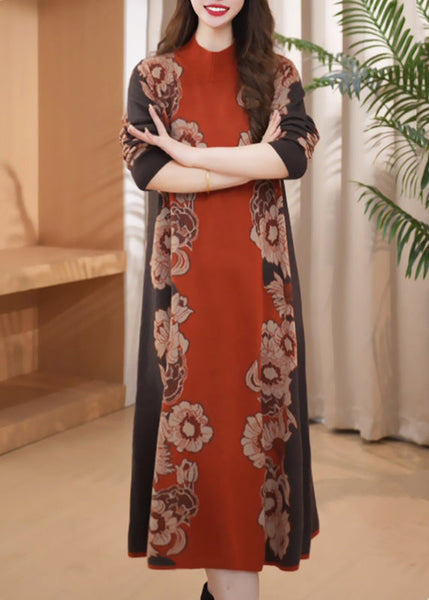 Chic Orange O Neck Print Cozy Long Knit Dress Winter RF001 ABC