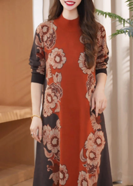 Chic Orange O Neck Print Cozy Long Knit Dress Winter RF001 ABC
