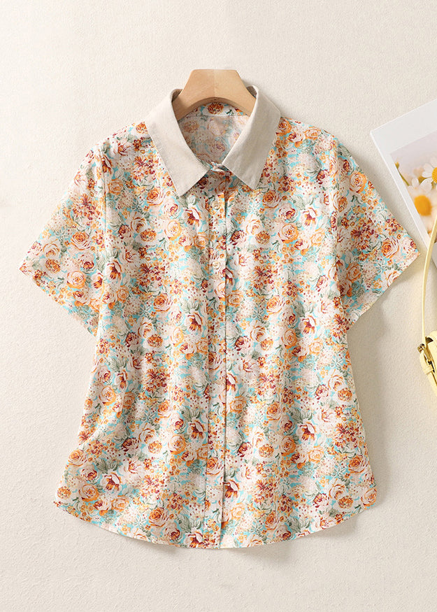 Chic Orange Peter Pan Collar Print Cotton Shirt Summer GG003 MZF-STP240610