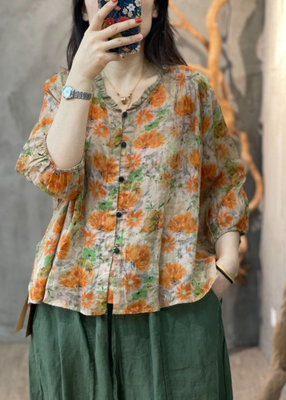 Chic Orange Print Ruffled Patchwork Button Shirt Long Sleeve GH1084 Ada Fashion