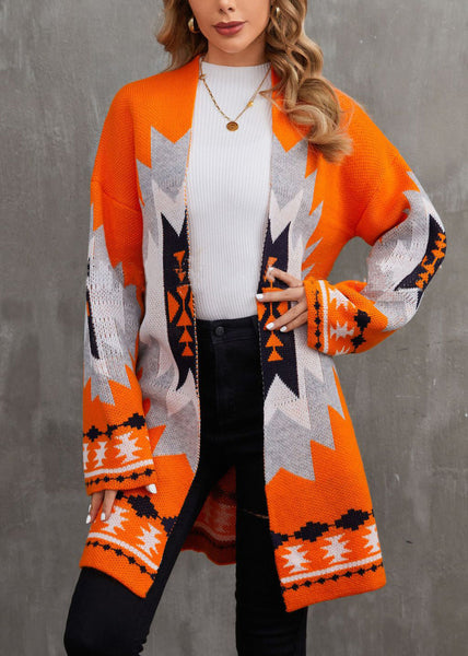 Chic Orange V Neck Patchwork Knit Cardigan Fall AE1013 OM-HW240901
