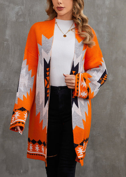 Chic Orange V Neck Patchwork Knit Cardigan Fall AE1013 OM-HW240901