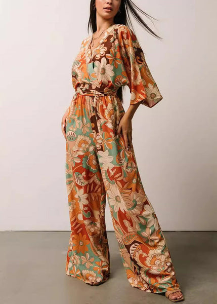 Chic Orange V Neck Print Lace Up Jumpsuits Half Sleeve AU1009 OM-ZS240902