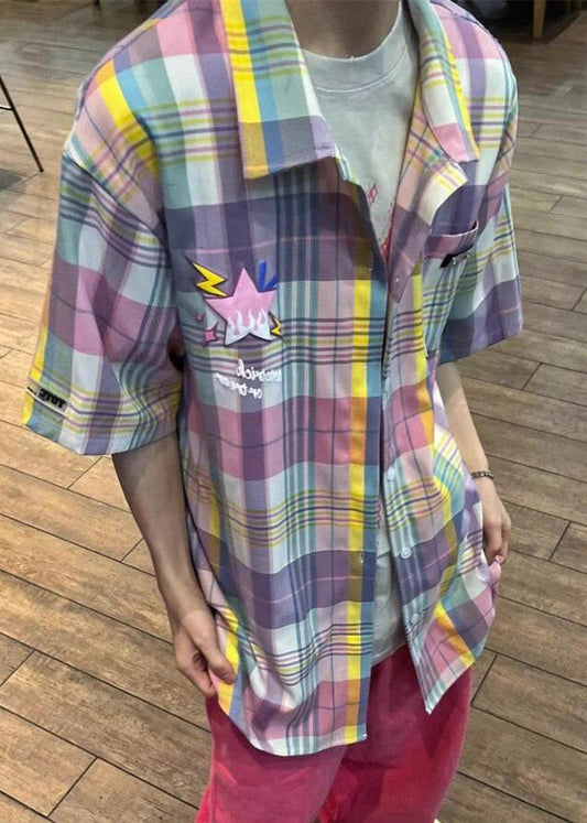 Summer Cotton Men Collar Shirt Plaid Pockets Peter Chic Pan FashionChic
