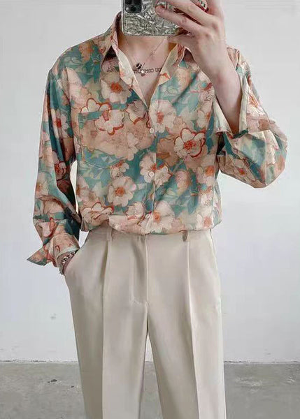 Chic Peter Pan Collar Print Ice Silk Shirt Men Long Sleeve HG028 Men-Silk-MENLTP240725