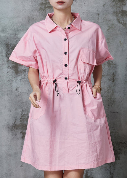 Chic Pink Cinched Cotton Vacation Dress Summer AL1013 Genistyle Shop