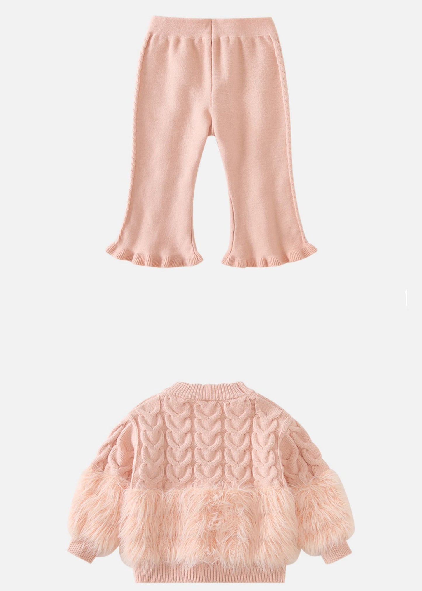 Chic Pink Fuzzy Fur Fluffy Patchwork Cotton Knit Kids Sweaters And Pants Two Pieces Set Winter TR021 ABC
