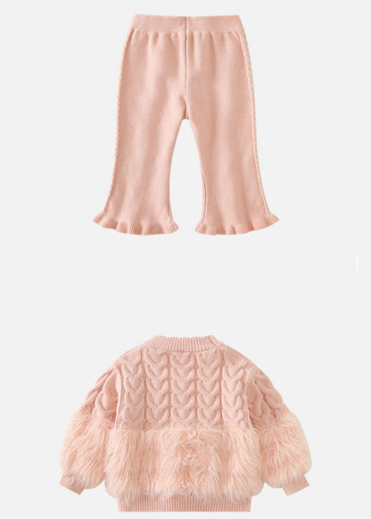 Chic Pink Fuzzy Fur Fluffy Patchwork Cotton Knit Kids Sweaters And Pants Two Pieces Set Winter TR021 ABC