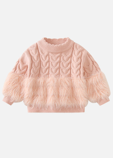 Chic Pink Fuzzy Fur Fluffy Patchwork Cotton Knit Kids Sweaters And Pants Two Pieces Set Winter TR021 ABC