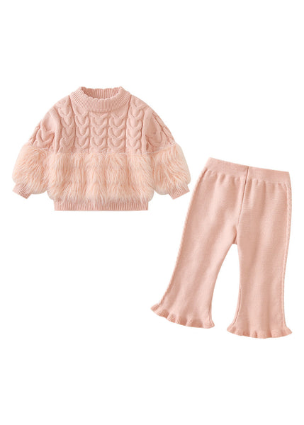 Chic Pink Fuzzy Fur Fluffy Patchwork Cotton Knit Kids Sweaters And Pants Two Pieces Set Winter TR021 ABC
