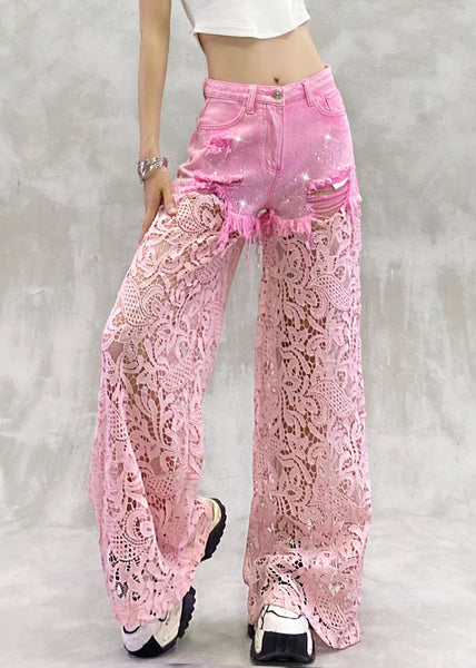 Summer Zircon Pants Lace Out Hollow Chic Patchwork Pink FashionChic