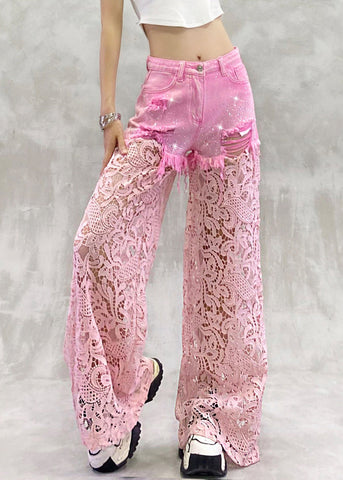 Summer Zircon Pants Lace Out Hollow Chic Patchwork Pink FashionChic