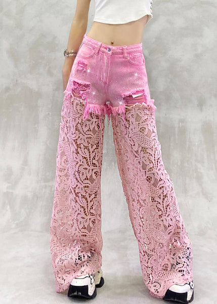 Summer Zircon Pants Lace Out Hollow Chic Patchwork Pink FashionChic