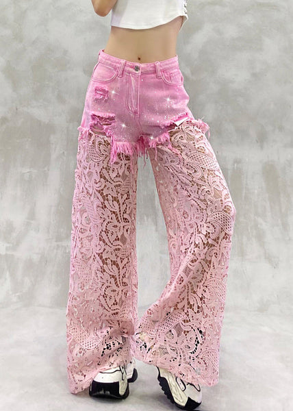 Summer Zircon Pants Lace Out Hollow Chic Patchwork Pink FashionChic