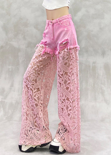 Summer Zircon Pants Lace Out Hollow Chic Patchwork Pink FashionChic