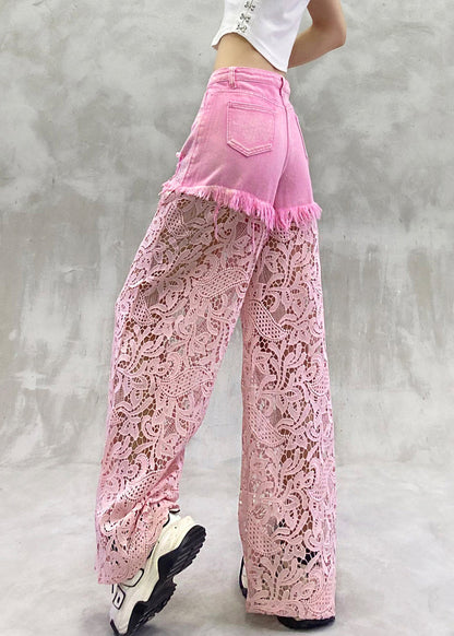 Summer Zircon Pants Lace Out Hollow Chic Patchwork Pink FashionChic