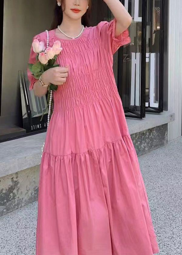 Chic Pink O Neck Puff Sleeve Wrinkled Patchwork Cotton Long Dress XX034 SH-LF-SDL240611