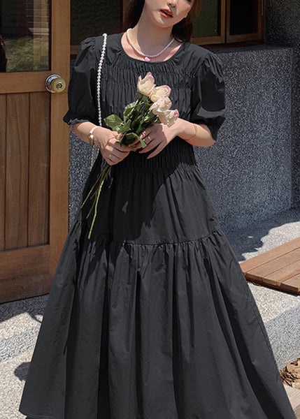 Chic Pink O Neck Puff Sleeve Wrinkled Patchwork Cotton Long Dress XX034 SH-LF-SDL240611