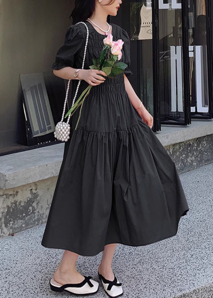 Chic Pink O Neck Puff Sleeve Wrinkled Patchwork Cotton Long Dress XX034 SH-LF-SDL240611