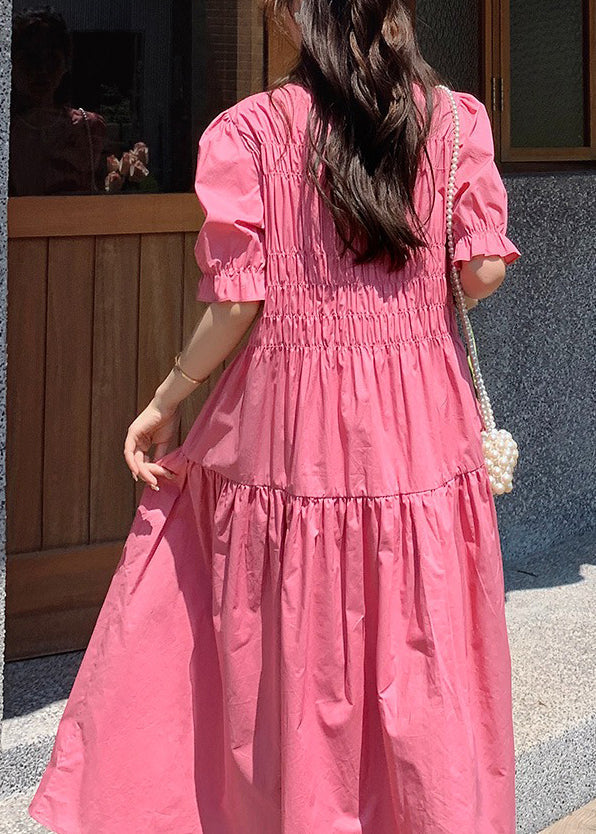 Chic Pink O Neck Puff Sleeve Wrinkled Patchwork Cotton Long Dress XX034 SH-LF-SDL240611