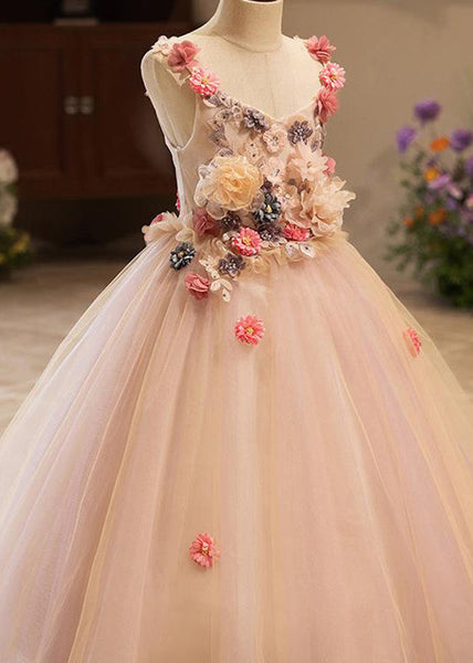 Chic Pink Patchwork Floral Tulle Kids Vacation Maxi Dresses Summer YG019 ABC