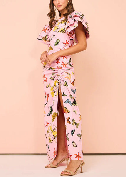 Chic Pink Print Lace Up Side Open Cotton Dresses Butterfly Sleeve FF086 SH-LF-SDL240603