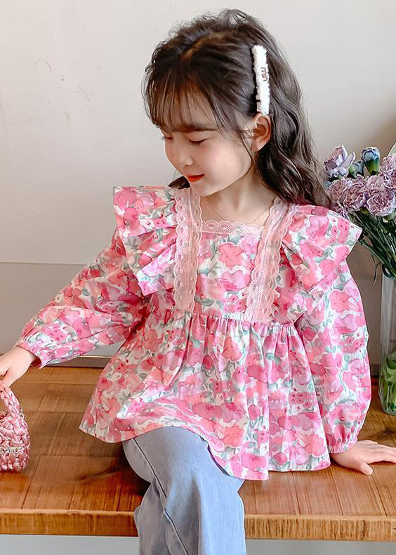 Chic Pink Ruffled Button Print Cotton Girls Shirt Long Sleeve YU1036 WS-RCTZ-LTP240529