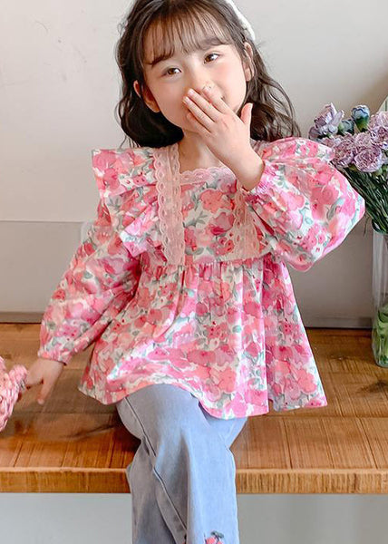 Chic Pink Ruffled Button Print Cotton Girls Shirt Long Sleeve YU1036 WS-RCTZ-LTP240529