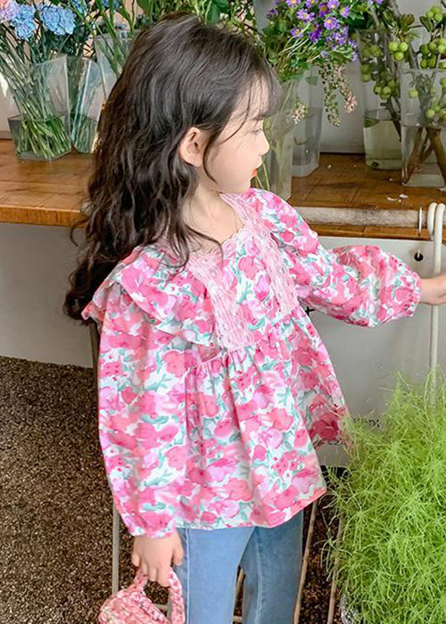 Chic Pink Ruffled Button Print Cotton Girls Shirt Long Sleeve YU1036 WS-RCTZ-LTP240529