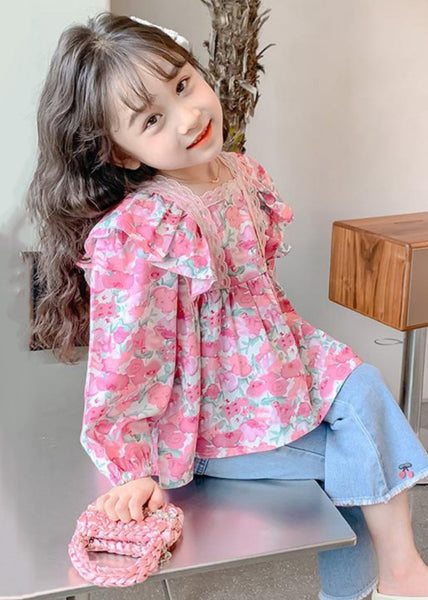 Chic Pink Ruffled Button Print Cotton Girls Shirt Long Sleeve YU1036 WS-RCTZ-LTP240529