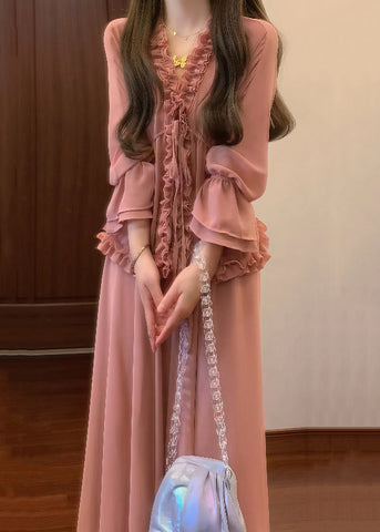 And Pink Up Ruffled Chic Lace Pieces Set Two Skirts Shirt Chiffon FashionChic