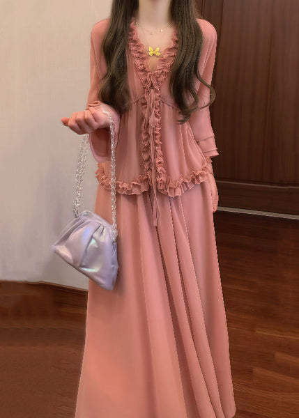 And Pink Up Ruffled Chic Lace Pieces Set Two Skirts Shirt Chiffon FashionChic