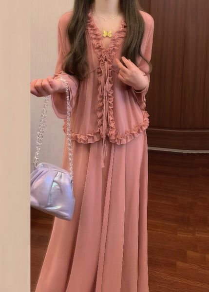 And Pink Up Ruffled Chic Lace Pieces Set Two Skirts Shirt Chiffon FashionChic