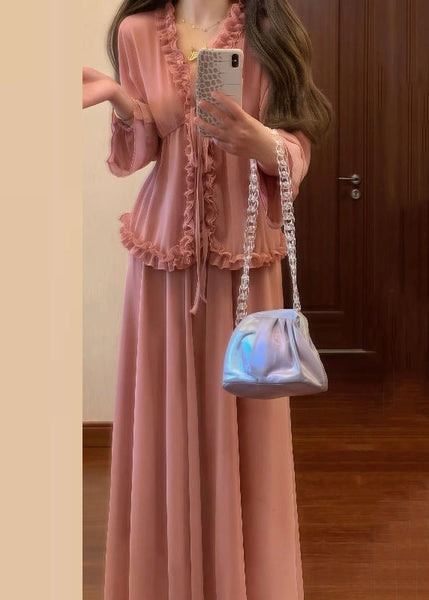 And Pink Up Ruffled Chic Lace Pieces Set Two Skirts Shirt Chiffon FashionChic