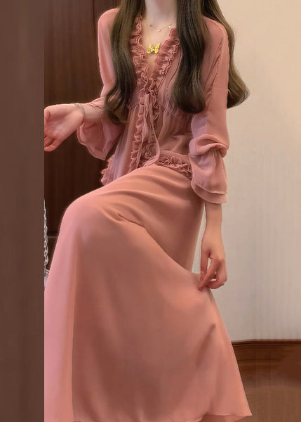 And Pink Up Ruffled Chic Lace Pieces Set Two Skirts Shirt Chiffon FashionChic