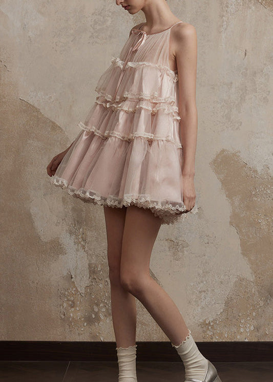 Ruffled Patchwork Tulle Pink Chic Summer Dresses Mini FashionChic