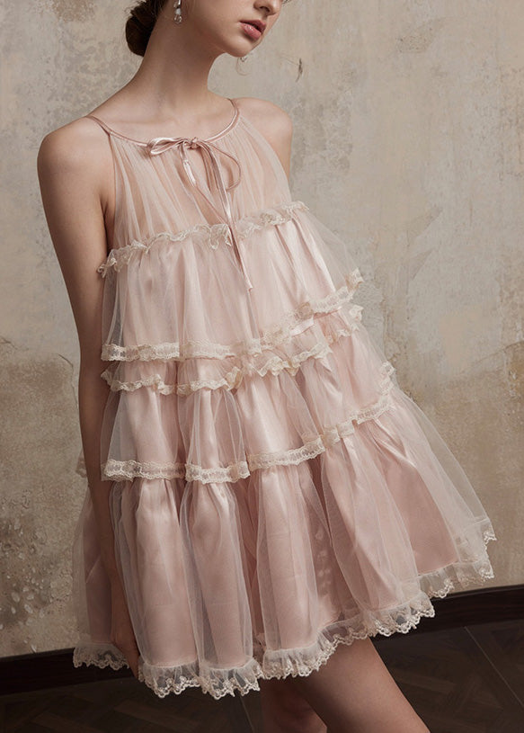 Ruffled Patchwork Tulle Pink Chic Summer Dresses Mini FashionChic