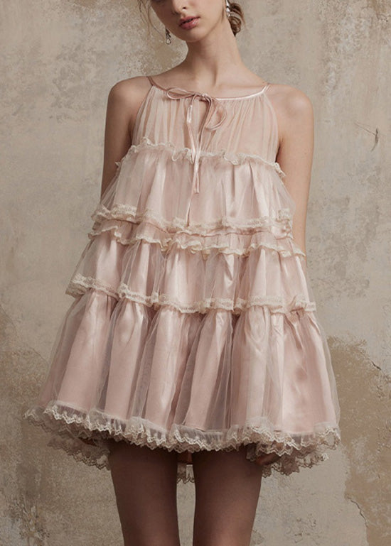 Ruffled Patchwork Tulle Pink Chic Summer Dresses Mini FashionChic