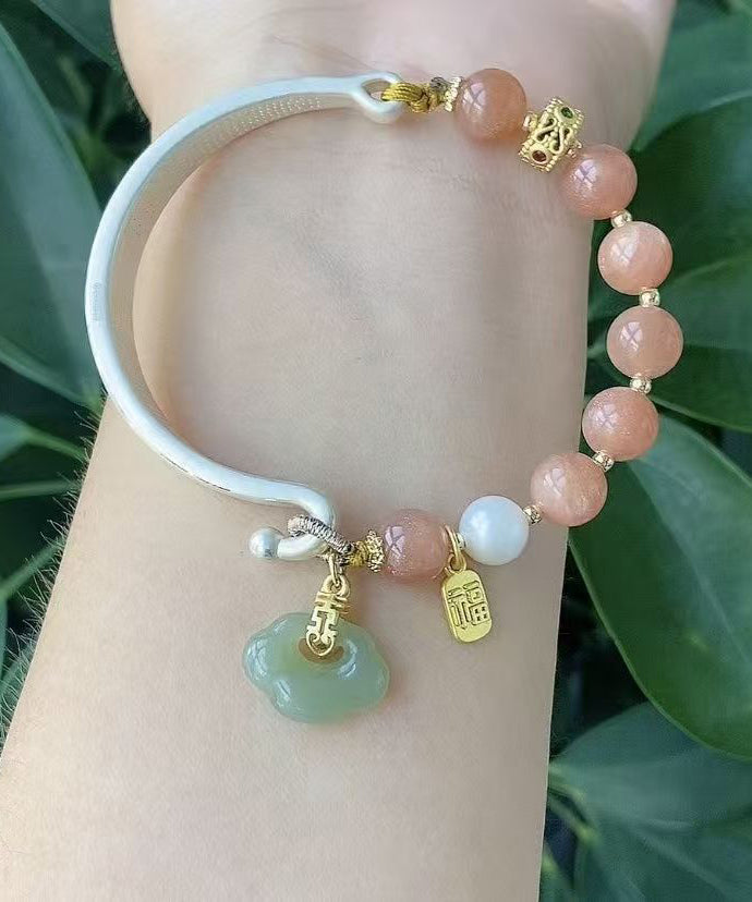 Chic Pink Sterling Silver Inlaid Jade Auspicious Clouds Charm Bracelet AB1095 Genistyle Shop