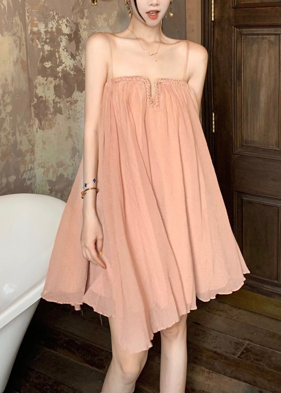 Tulle Dress Wrinkled Summer Pink Chic Strap Spaghetti FashionChic