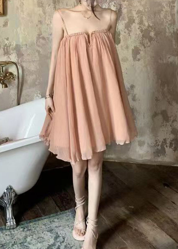 Tulle Dress Wrinkled Summer Pink Chic Strap Spaghetti FashionChic
