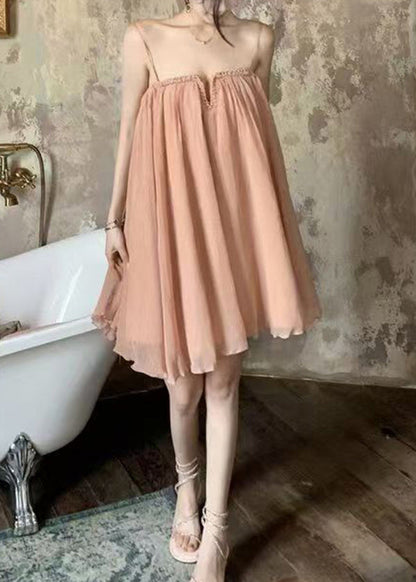 Tulle Dress Wrinkled Summer Pink Chic Strap Spaghetti FashionChic