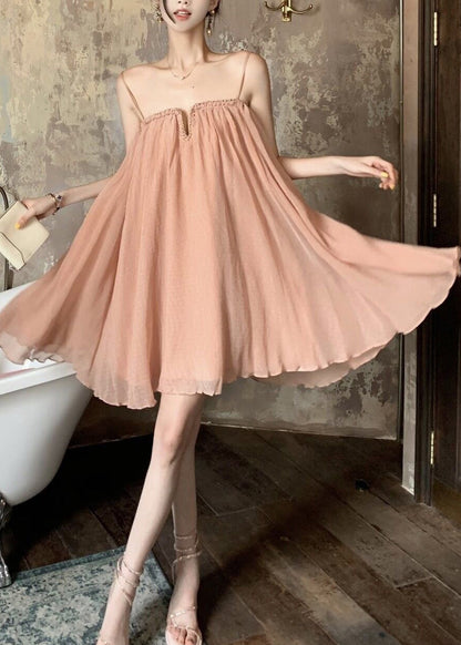 Tulle Dress Wrinkled Summer Pink Chic Strap Spaghetti FashionChic