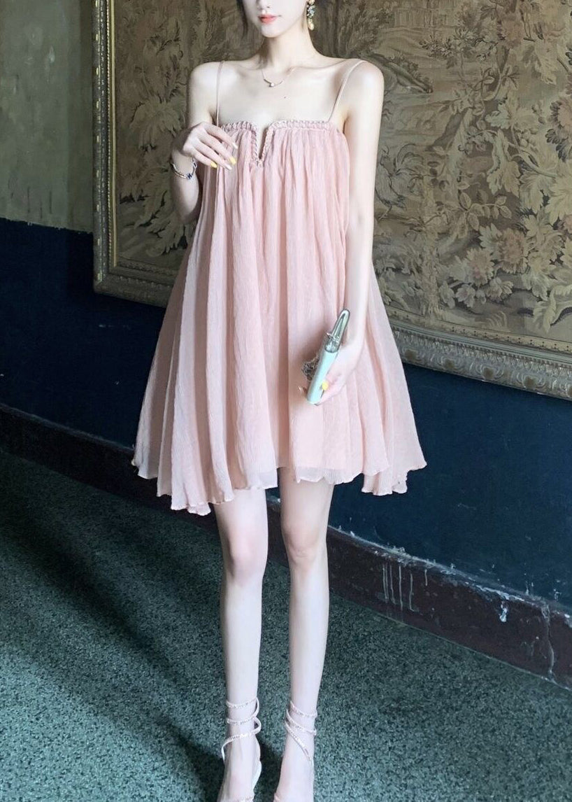 Tulle Dress Wrinkled Summer Pink Chic Strap Spaghetti FashionChic