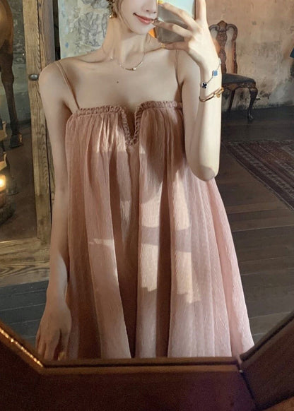 Tulle Dress Wrinkled Summer Pink Chic Strap Spaghetti FashionChic