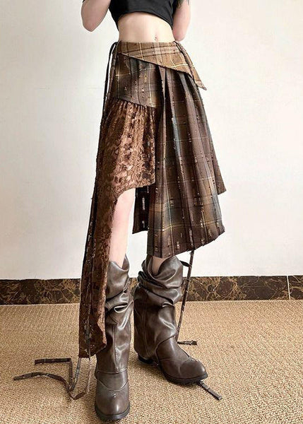 Plaid Lace Summer Patchwork Chic Skirt Asymmetrical Cotton FashionChic