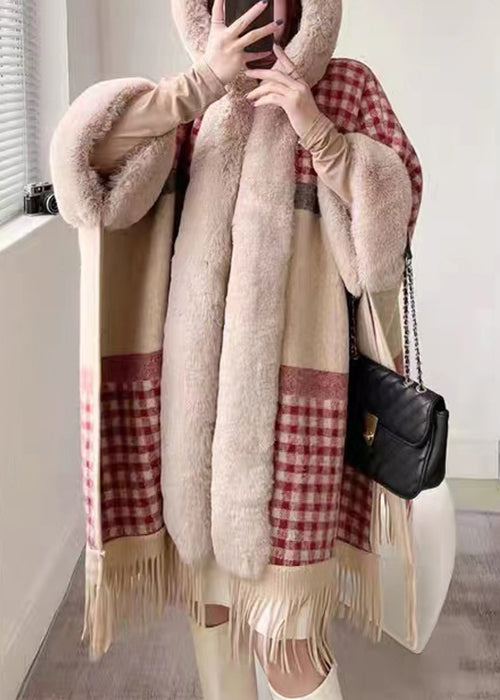 Chic Plaid Hooded Tasseled Patchwork Warm Fleece Cape Coat Half Sleeve YW017 ABC