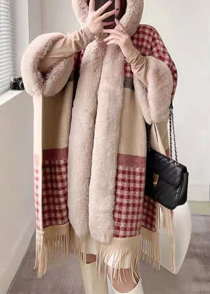 Chic Plaid Hooded Tasseled Patchwork Warm Fleece Cape Coat Half Sleeve YW017 ABC