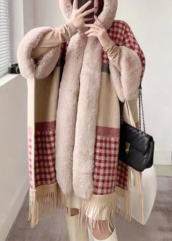 Chic Plaid Hooded Tasseled Patchwork Warm Fleece Cape Coat Half Sleeve YW017 ABC